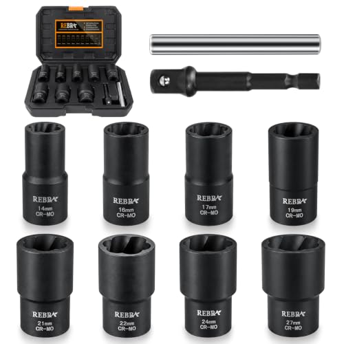 Nut Bolt Extractor Set with Center Punch Bar, bolt extractor kit 1/2-Inch Drive Impact Socket Set for Stripped, Damaged, Rounded-Off, Rusted Nuts & Bolts, 9-Piece Heavy Duty Lug Nut Remover Tool Kit
