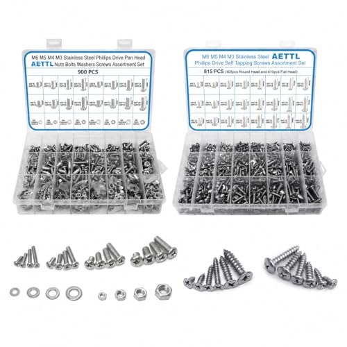 815pcs M6 M5 M4 M3 Stainless Steel Self-Tapping Screws Set Assortment+900pcs M6 M5 M4 M3 Stainless Steel Nuts and Bolts Assortment Kit