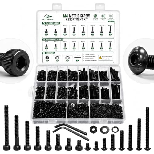 Sutekus 1260Pcs M4 Screws Kit, 12.9 Grade Carbon Steel Black Oxide Hex Socket Button & Cap Head Bolts, Metric Assortment with Nuts Flat Washers Lock Washers, 6-40mm