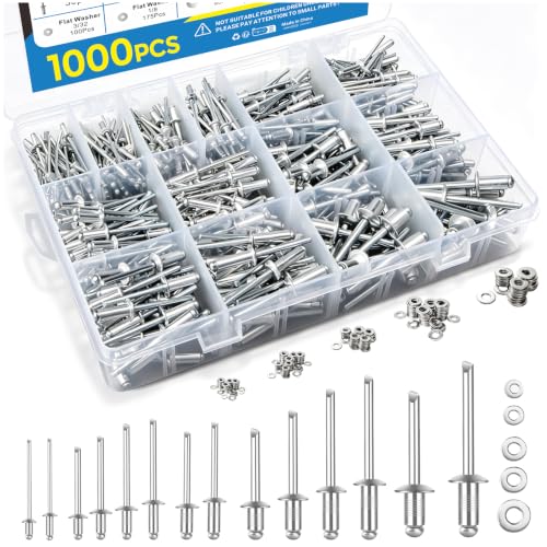 1000PCS Aluminum Pop Rivets Assortment Kit with Washers Storage Case 1000pcs Silver