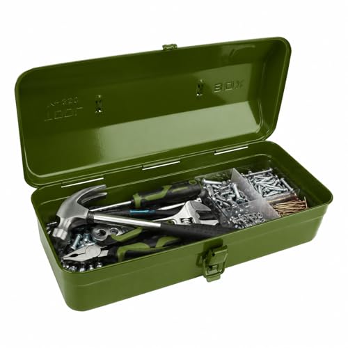 14.6" Metal Tool Box with Lock, Portable Steel Tool Storage Case with Handle, Hardware Organizer for Workshop Garage Car Repair (Green) Green