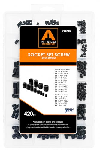 Titan Industrial Supply-420 Piece Socket Set Screw Assortment Kit, Carbon Steel with Black Oxide Finish, Coarse & Fine Thread Set Screws