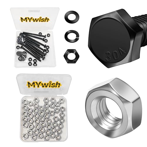 Mywish (10 Sets) 1/4-20x3 Hex Head Stainless Steel Bolts and Nuts & 1/4-20 Hex Nuts, 50Pcs Hardware Nuts, 304 Stainless Steel 18-8 Bright Finish Hex Nuts 1/4 20 Inch, SAE Hex Drive Machine Screw Nuts