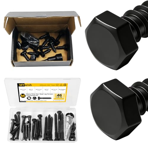 Mywish (15Sets) 3/8" x 1" Hex Head Lag Bolts & 46Pcs 3/8" Hex Head Lag Screws Assortment Kit, Heavy Duty Lag Bolts with Washers, 304 Stainless Steel Bolts 18-8, 5-Size Wood Screws for Outdoor, Black