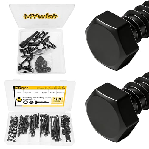 Mywish (20Sets) 1/4" x 1-1/4" Hex Head Lag Bolts & 109Pcs 1/4" Hex Head Lag Screws Assortment Kit, Heavy Duty Lag Bolts with Washers, 304 Stainless Steel Bolts 18-8, 5-Size Wood Screws