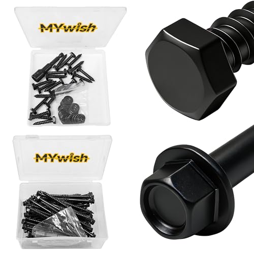 Mywish (20Sets) 1/4" x 1-1/4" Hex Head Lag Bolts & 50Pcs 4 Inch Wood Screws, #14 x 4 Heavy Duty Outdoor Wood Screws Assortment Kit Deck Screws, Black Timber Screws Lag Bolts, Hex Socket Included
