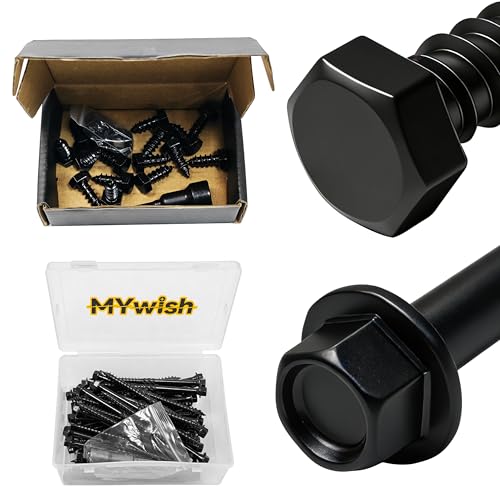 Mywish (15Sets) 3/8" x 1" Hex Head Lag Bolts & 50Pcs 4 Inch Wood Screws, #14 x 4 Heavy Duty Outdoor Wood Screws Assortment Kit Deck Screws, Black Timber Screws Lag Bolts, Lag Screws Wood Screws