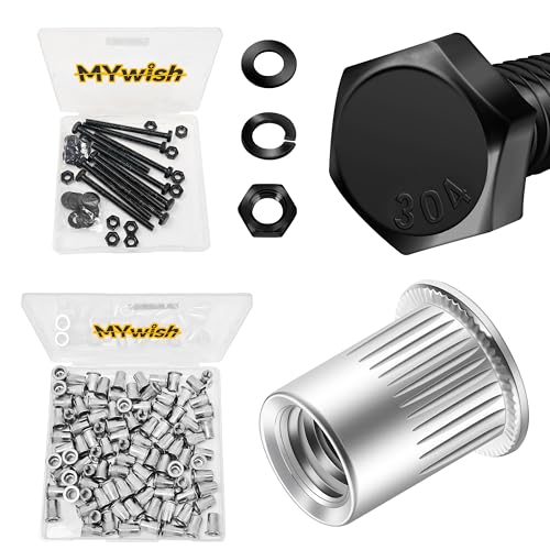 Mywish (10 Sets) 1/4-20x3 Hex Head Stainless Steel Bolts and Nut with Flat & Lock Washers & 100Pcs 1/4-20 Rivet Nuts Hardware Nuts, 304 Stainless Steel Flat Head RIV Nuts, 1/4 20 Nut Threaded Inserts