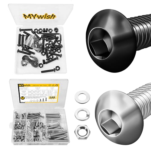 Mywish (20Sets) 1/4-20 Bolt x 1-1/4" Button Head Socket Cap Screws & 248Pcs Nuts and Bolts Assortment Kit, 1/4-20, 5/16-18, 3/8-16 Bolt, 304 Stainless Steel Button Head Socket Cap Assorted Nuts and Bo