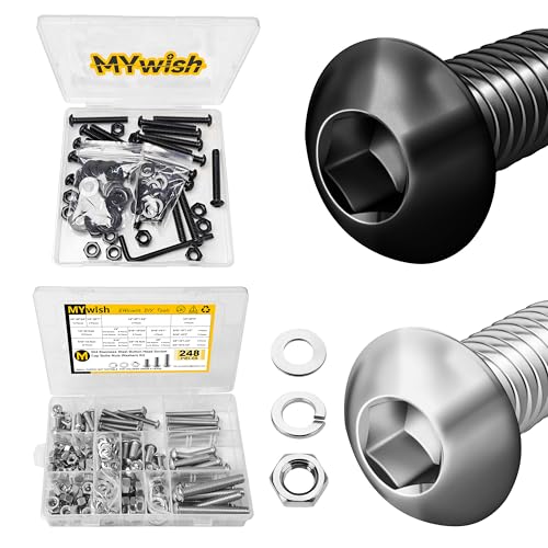Mywish 20Set 1/4-20 Bolt Socket Cap Bolts, 1-3/4" Button Head & 248Pcs Nuts and Bolts Assortment Kit, 1/4-20, 5/16-18, 3/8-16 Bolt, 304 Stainless Steel Button Head Socket Cap Assorted Nuts and Bolts