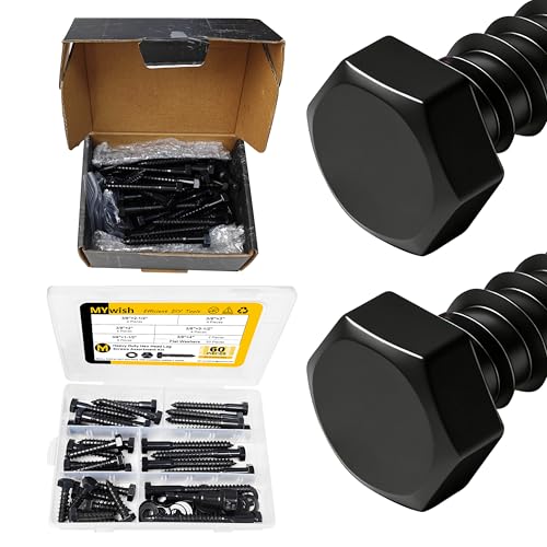 Mywish (50Sets) 3/8" x 3" Lag Bolts & 60Pcs 3/8 Hex Head Lag Screws Assortment Kit, External Heavy Duty Lag Bolts with Flat Washers, 304 Stainless Steel Wood Screws 18-8, Black Oxided 3/8 Bolts