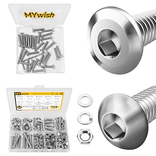 Mywish 30Pcs M6 x 30mm Flat Head M6x1.0 Bolt Hex Socket Cap Screws Bolts & 159-Piece M6 Screw Assortment Kit - 304 Stainless Steel Button Head Socket Cap Metric Screws, Bolts, Bright Finish & Hex Span
