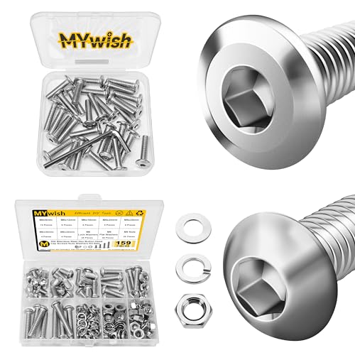 Mywish M6 Screw M6 x 25mm 30Pcs Flat Head Bolt Hex Socket Cap Screws Bolts &159-Piece M6 Screw Assortment Kit - 304 Stainless Steel Button Head Socket Cap Metric Screws, Bright Finish & Hex Spanner