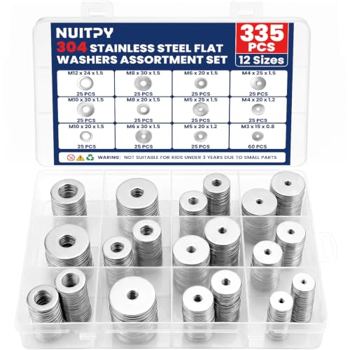 335 Pcs 304 Stainless Steel Flat Washers, 12 Sizes M3-M12 Flat Washers Set 335