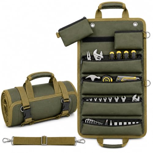 Roll Up Tool Bag, Heavy Duty Portable Organizer for Mechanic, Electrician, and Hobbyist, Green (Military Green-1680D) Military Green-1680D