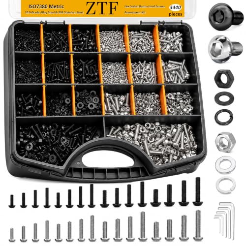 ZTF 3440pcs Metric Screw Assortment Kit, M2 M3 M4 M5 Machine Screws Nuts Button Head ss+black 3440Pcs