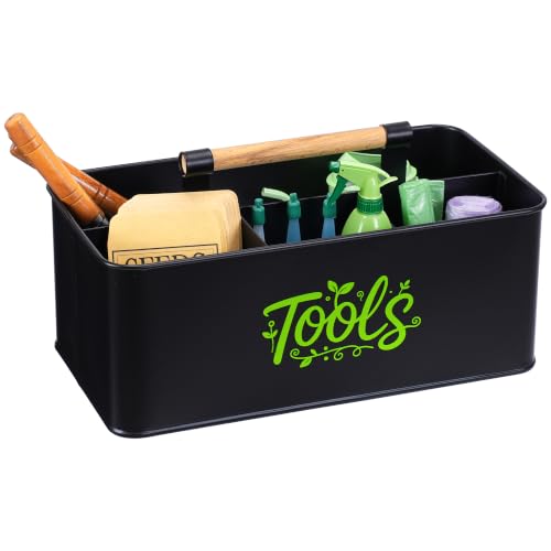 Gardening Tool Caddy, Wooden Handle and 4 Compartments Black