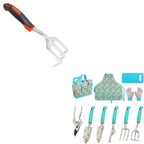 Small Garden Claw Tool Garden Handrake with Ergonomic Handle + Garden Tools 10 Pack Floral Pattern Garden Tool Set with Tote Bag