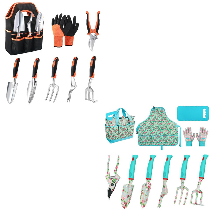 Garden Tools Set, 8 Piece Gardening Tools Set with Non Slip Ergonomic Handle + Garden Tools 10 Pack Floral Pattern Garden Tool Set with Tote Bag