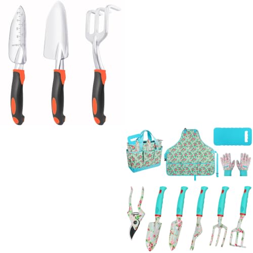 Garden Tools Set, 3 Pack Heavy Duty Gardening Tools Set Include Garden Shovel + Garden Tools 10 Pack Floral Pattern Garden Tool Set with Tote Bag
