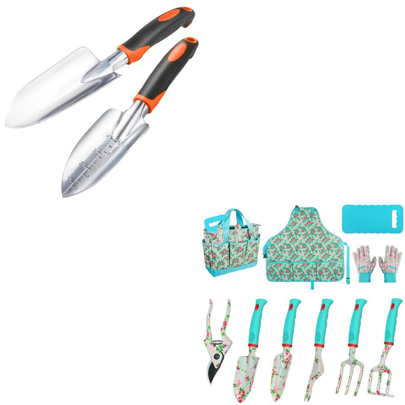 Garden Shovel Trowel Garden Tool Set, 2 Pack Heavy Duty Gardening Tools Set Include Wide Garden Trowel + Garden Tools 10 Pack Floral Pattern Garden Tool Set with Tote Bag