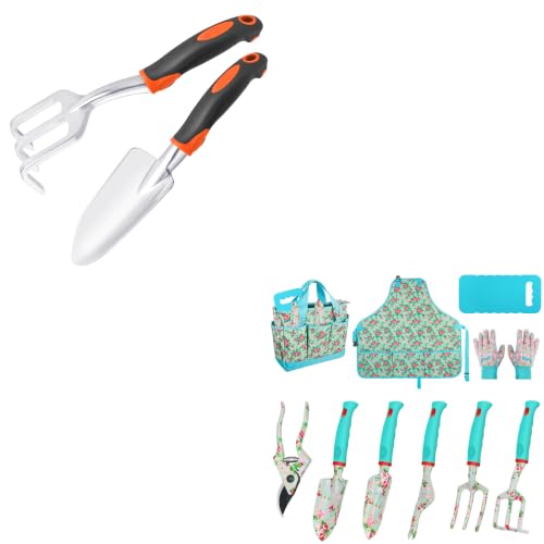 2 Pack Heavy Duty Gardening Tools Set Include Garden Shovel and Hand Rake Claw Tool with Ergonomic Handle + Garden Tools 10 Pack Floral Pattern Garden Tool Set with Tote Bag