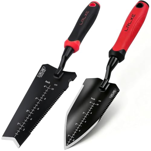 2 Pack Garden Hand Shovel Set, Stainless Steel Transplanting Trowel & Serrated Root Cutter Shovel for Digging Weeding Planting