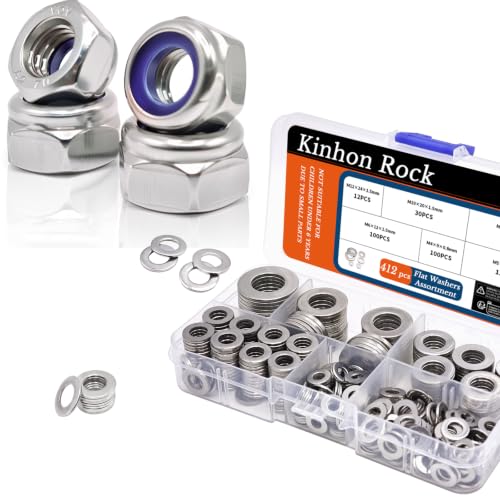 M6 x 1mm Metric Nylon Insert Lock Nuts (30pcs) + 412pcs Flat Washer Set