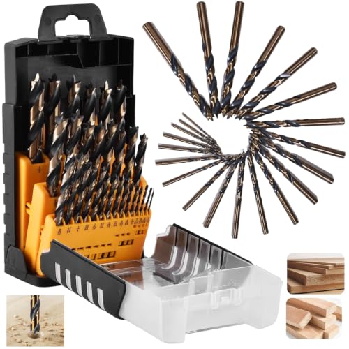 29Pcs Brad Point Drill Bit Set, Full Ground with Self-Centering Tip (1/16-1/2 Inch,Titanium Coated HSS Wood Drill Bits for Hardwood & Softwood, 1/64 Inch Increment) & Storage Case