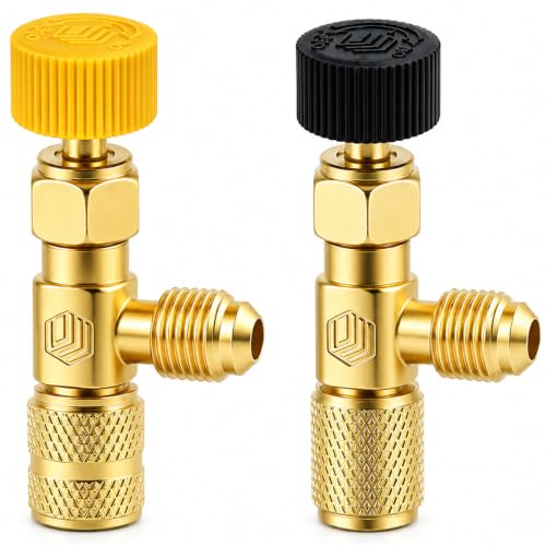 2x Refrigerant Adaptor with Needle Valve R410A R32 R22 | Set of 2 brass safety adapters for R410A, R32, R22 and R134a with precise flow control