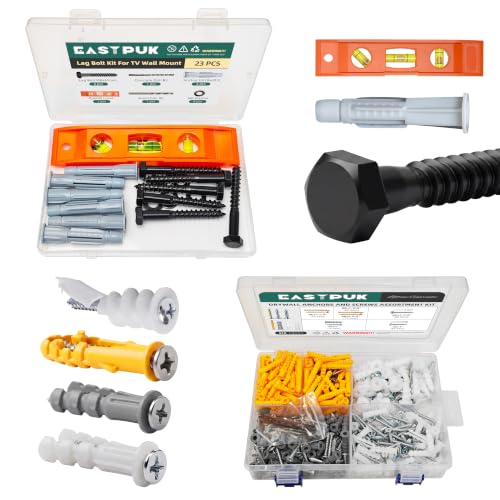 M8x65mm Lag Bolts for TV Wall Mount, TV Mount Screws Kit & 510PCS Drywall Anchors and Screw Assortment Kit, 255x Plastic Dry Wall Anchors and 255x Truss Flat & Pan Head Zinc Plated Wood Screw