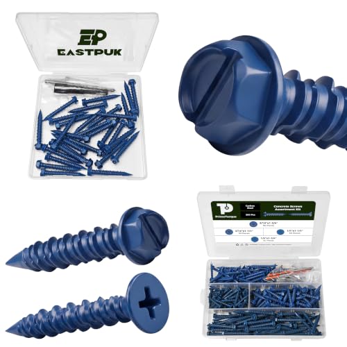 30Pcs 1/4 x 1-3/4" Concrete Screws Anchors with Drill Bit & 200Pcs Concrete Screws Anchors with Drill Bit, 3/16" 1/4" Hex & Flat Head Concrete Masonry Cement Screws Assortment Kit for Masonry