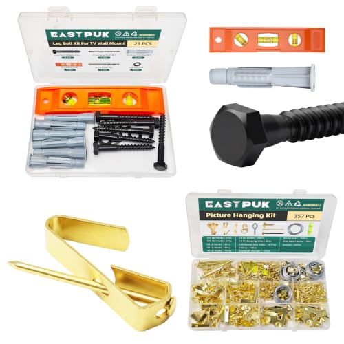 M8x65mm Lag Bolts for TV Wall Mount, TV Mount Screws Kit & 357Pcs Picture Hanging Kit, Assorted Picture Hangers Hardware Set with, Nails, Sawtooth Hangers, Hanging Wire D-Rings, Level, Metal