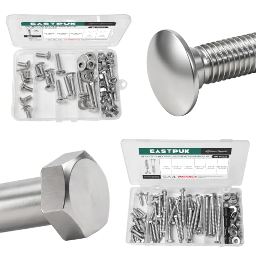 60Pcs 1/4-20 Carriage Bolts Assortment Kit with Nuts and Washers & 109Pcs 1/4" Hex Head Lag Bolts Screws Assortment Kit, Heavy Duty Lag Screws with Washers, 304 Stainless Steel Round Head Squa
