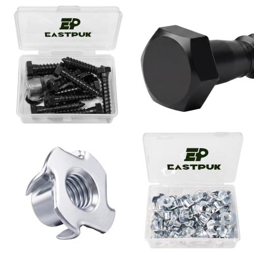 (10Sets) 3/8" x 2" Hex Head Lag Screws & 50PCS 3/8-16 T-Nuts Zinc Plated Steel Nutserts, 4-Pronged Tee Nut for Wood, Heavy Duty Lag Bolts with Washers, Rock Climbing Holds 3/8-16 T Nuts