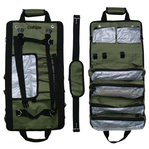 Heavy Duty Roll Up Tool Bag Organizer - 1680D Oxford, 23.6"x13", See-Through PVC Pockets, 12 Compartments for Mechanic, Electrician & Tradesperson Green