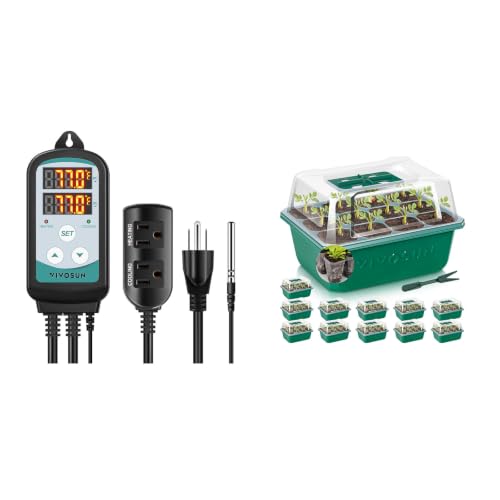 VIVOSUN 1500W Digital Temperature Controller and 12-Pack Seed Starter Trays, 144-Cell Seed Starter Kit with Humidity Dome, Flat Reusable Plant Germination Trays with Drain Hole, Green Propaga