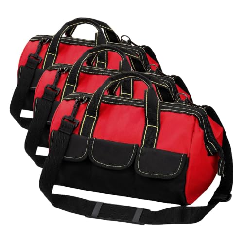 Hiceeden 16 Inch Wide Mouth Tool Bag, Collapsible Tool Tote with Waterproof Coating and Adjustable Strap, Portable Electrician Tool Organizer Handbag with 5 Outside Pockets, Red (Pack of 3) 16.1 x 8.2 x 8.6 inches (Pack of 3)