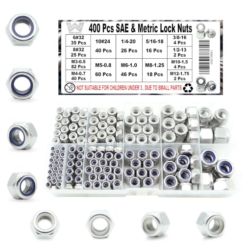 400 Pcs SAE & Metric Lock Nuts Kit, M3-M12 & #6-1/2 Hardware Nuts SAE & Metric 400 Kit (#6 To 1/2, M3 to M12)