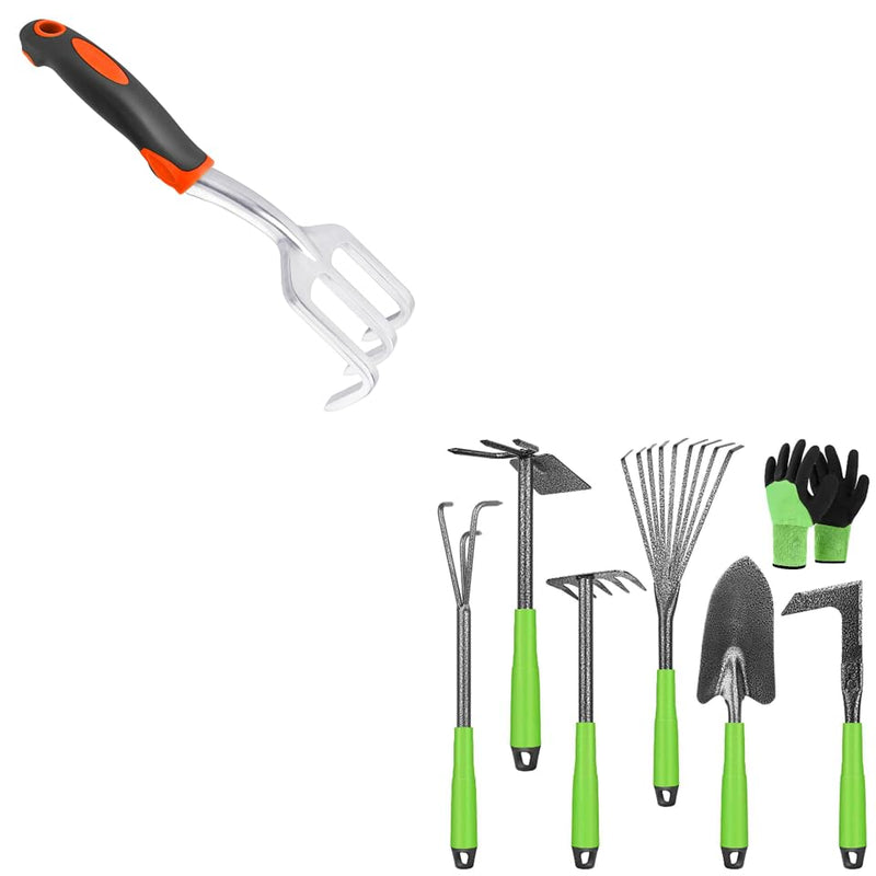 Small Garden Claw Tool Garden Handrake with Ergonomic Handle + Garden Tools 7 Pack Garden Tool Set with Ergonomic Non-Slip Handle