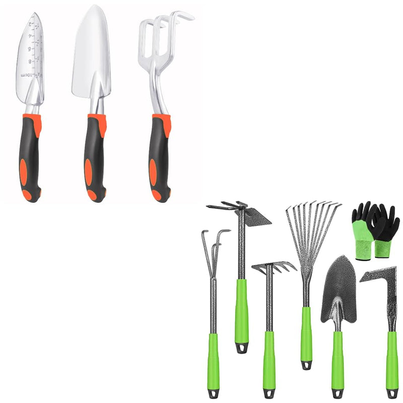 Garden Tools Set, 3 Pack Heavy Duty Gardening Tools + Garden Tools 7 Pack Garden Tool Set with Ergonomic Non-Slip Handle
