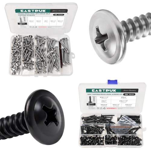 145Pcs #8 Self Tapping Screws for Metal & 155Pcs #10 Self Tapping Screws for Metal, 410 Stainless Steel Truss Head Sheet Metal Screws, Self Drilling Screw, Fast Tapping with Drill Bit