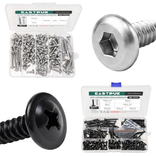 110Pcs #10 Sheet Metal Screws Assortment Kit & 155Pcs #10 Self Tapping Screws for Metal, 410 Stainless Steel Flat Head Socket Cap Self Drilling Screw, Allen Socket Drive, Self Tapping Screws