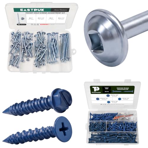 95Pcs #8 Pocket Hole Screws Assortment Kit & 200Pcs Concrete Screws Anchors with Drill Bit, 3/16" 1/4" Hex & Flat Head Concrete Masonry Cement Screws Assortment Kit, Plated Pocket Screws