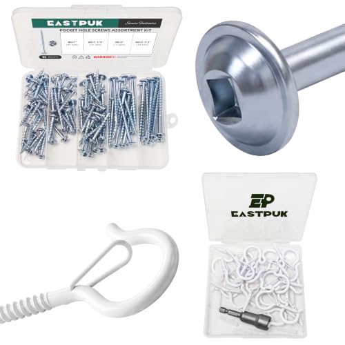 95Pcs #8 Pocket Hole Screws Assortment Kit & 20PCS Q-Hanger Hooks with Safety Buckle, 2.2 Inch White Eye Hook Screw Cup Wall Ceiling Q-Hanger Hooks, Anti-Rust Zinc Plated Pocket Screws