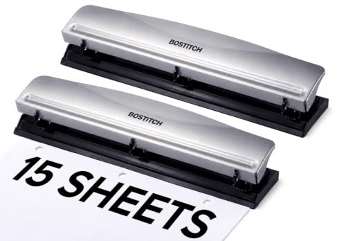 Bostitch Office 3 Hole Punch, Metal, 15 Sheet Capacity, Silver 2 Pack 15 Sheet Silver 2 Pack