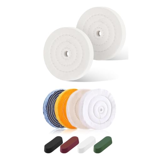 Bench Grinder Buffing Wheel Combo Bundle, 8Pcs 6 Inch Mixed Fabric Polishing Wheel Kit with 4 Buffing Compound Bars + 2 Pack 4 Inch 50-Ply Cotton Buffing Wheels