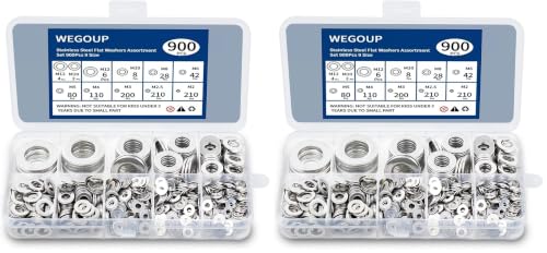 WEGOUP 900 Pcs Stainless Steel Flat Washers for Screws, 304 Stainless Steel, Assorted Sizes (M2 M2.5 M3 M4 M5 M6 M8 M10 M12) for Industrial Use, Washers for Bolts (Pack of 2) 9 Sizes 900 Pcs (Pack of 2)
