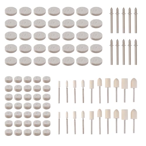 100-Piece Felt Polishing Wheel Kit with 450 Grit Diamond Paste, Rotary Tool Buffing Set with 1/8" Mandrels, Wool Felt Wheels, Cone and Cylinder Bits for Metal, Glass, Stone, Jewelry