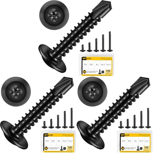 Mywish 145 Pieces #8 Self Tapping Screws Assortment Kit for Metal, Length 1/2"-1-1/2", 410 Stainless Steel Truss Head Self-Drilling Screws Black Oxided Quick Tapping Screw (Pack of 3) 145Pcs #8 7-Size Kit (Pack of 3)